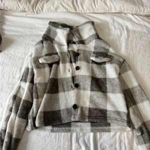 SHEIN Plaid Teddy Jacket in Gray and White